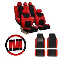 FH Group Car Seat Covers Combo Full Set with Carpet Floor mats Steering Wheel Cover and Seat Belt Pads- Universal Fit for Cars Trucks and SUVs Red