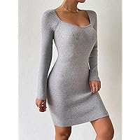 TLULY Sweater Dress for Women Sweetheart Neck Ribbed Knit Raglan Sleeve Sweater Dress Sweater Dress for Women (Color : Light Grey, Size : Large)