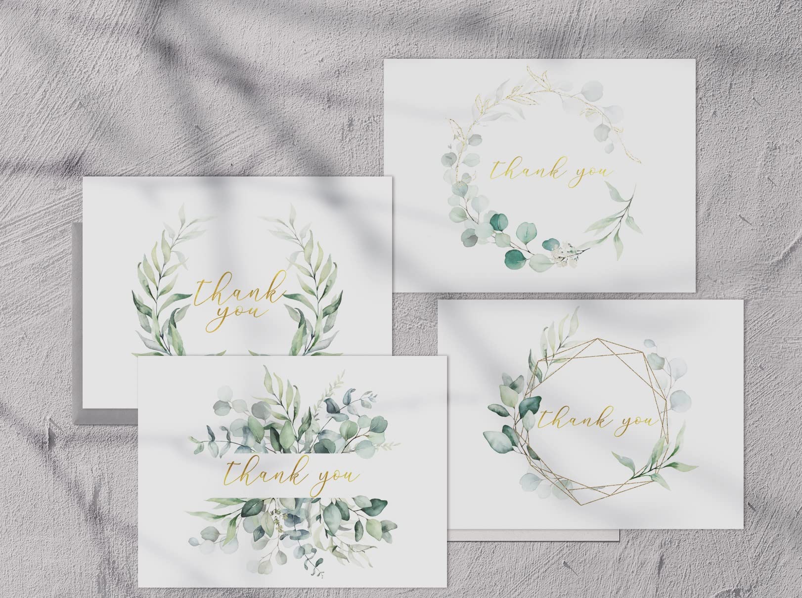 AMNADOF 100 Eucalyptus Gold Foil Thank You Cards Bulk - Blank Note Cards with Greenery Envelopes – Include Stickers, Perfect for Wedding,Baby Shower, Bridal Shower and All Occasions