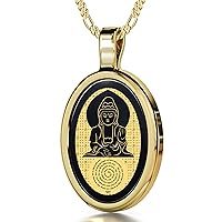 Buddha Necklace Inscribed Metta Prayer for Loving Kindness Meditation in 24k Gold on Onyx Pendant, 18