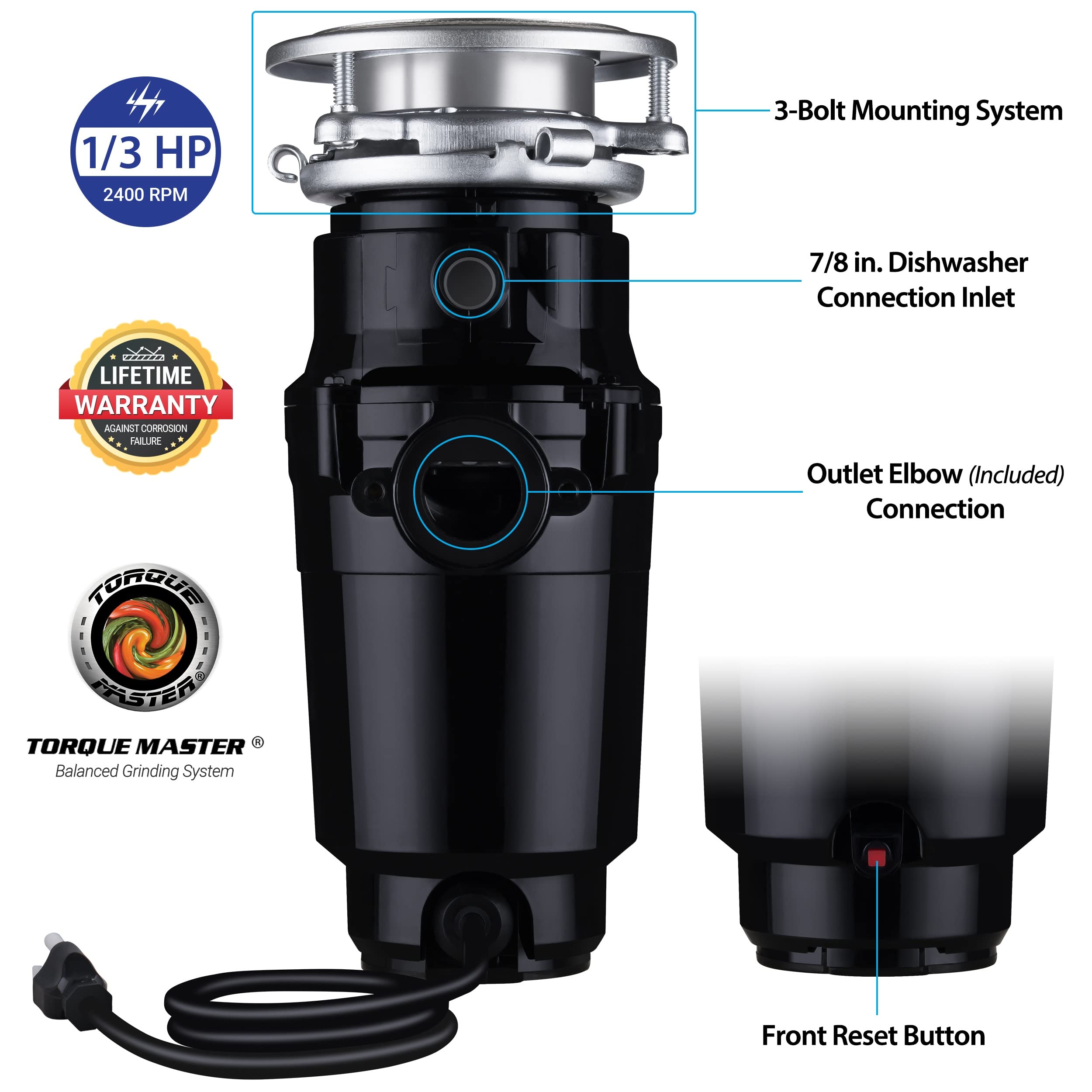 Eco Logic 10-US-EL-4-3B 1/3 Horsepower Garbage Disposal with Removeable Splash Guard, Attached Power Cord and Standard 3-Bolt Mounting System, Continuous Feed, Black