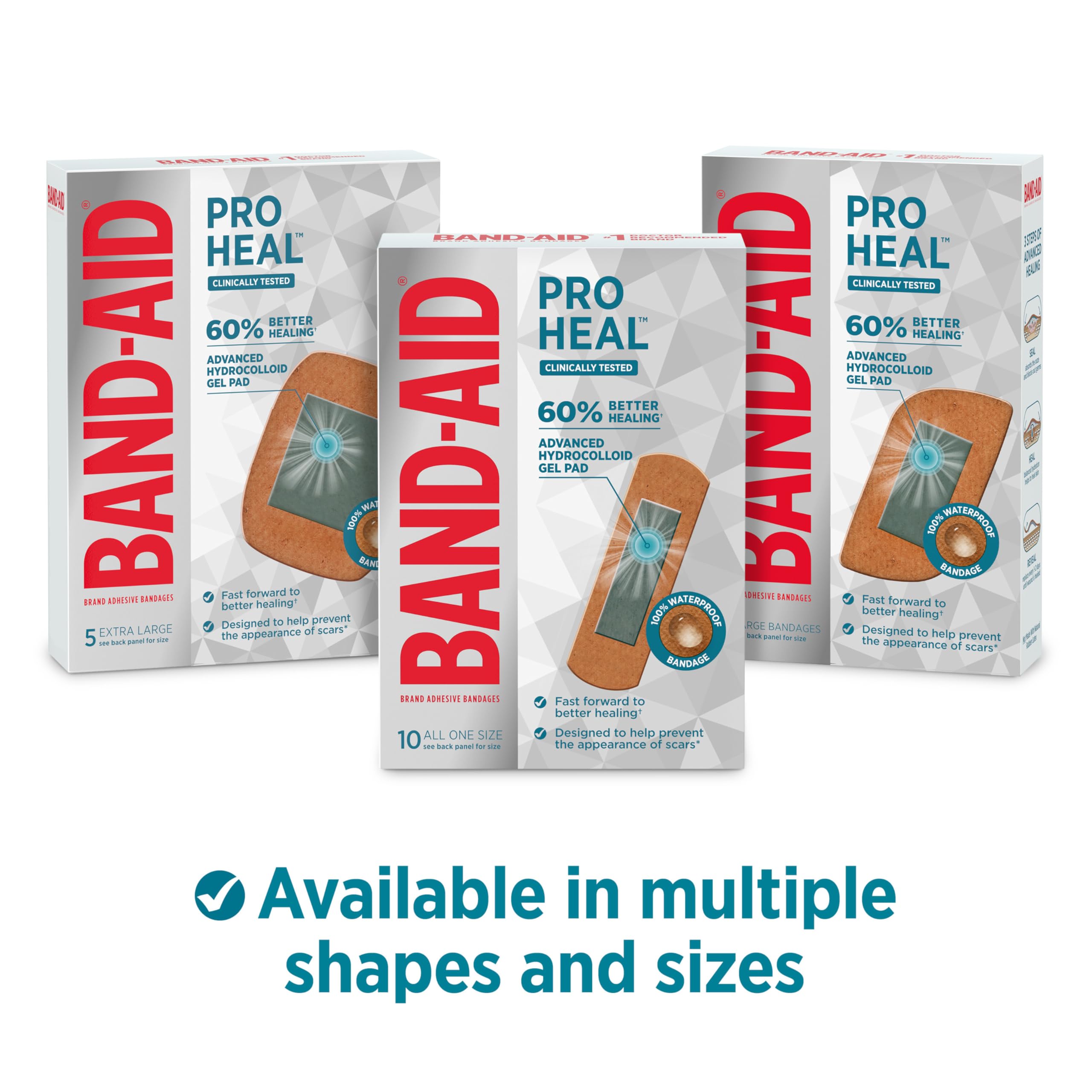 Band-Aid Brand Pro Heal Adhesive Bandages with Hydrocolloid Gel Pad, Clinically Tested Waterproof Bandages, Better Healing of Minor Wounds, Sterile First Aid Bandages, All One Size, 10 ct