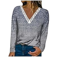 FYUAHI Autumn and Winter 2023 Long Sleeve Shirt Women's Fashion Casual Long Sleeve Flower Print Lace V-Neck Pullover Top