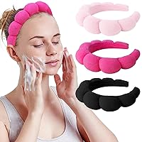 WHAVEL 3 Pack Spa Headband Skincare Headbands, Makeup Headband Sponge Terry Cloth Headbands Face Wash Headband Puffy Hair Band for Washing Face Women Girls (Pink, Hot pink, Black)