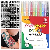 ANTIKE Temporary Tattoo Markers for Skin,12 Colors Washable Body Tattoo Pens+104 Unique Tattoo Stencils,Body Markers Temporary Tattoo Kit for Teens and Adult ZYH2311001KIT