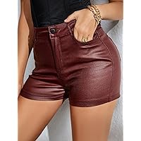 Shorts for Women High Waist Dual Pocket Back PU Leather Shorts (Color : Burgundy, Size : XX-Large)