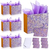 Thenshop 6 Set Large Mother Day Gift Bag Including 6 Pcs 13'' Floral Gift Bags with 12 Pcs Tissue Paper, 6 Pcs Greeting Card, 6 Pcs Envelopes for Mother Day Party Supplies(Purple)