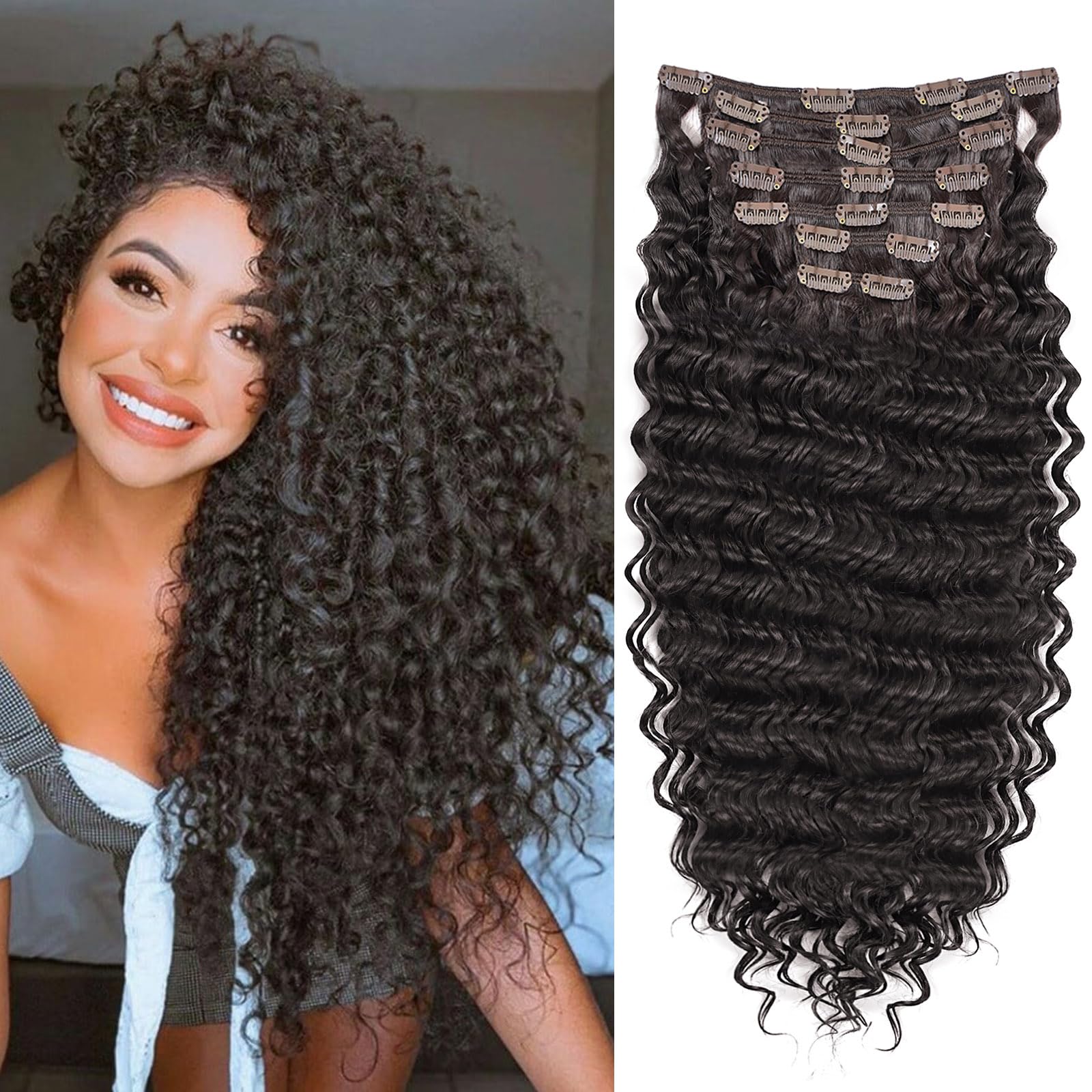 MEEPO Dark Brown Curly Clip In Hair Extension For Black Women Natural Thick Deep Wave Hair Extension Clips Synthetic Long 24 inch real human hair extensions clip in Hairpiece (2#(Pack of 7))