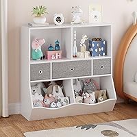 IDEALHOUSE Kids Toy Storage Organizer with Bookcase, Kids Bookshelf, Toddler Bin Storage Unit with 7 Compartments and 3 Removable Drawers for Girls, Boys, Bedroom, Playroom, Nursery (White)