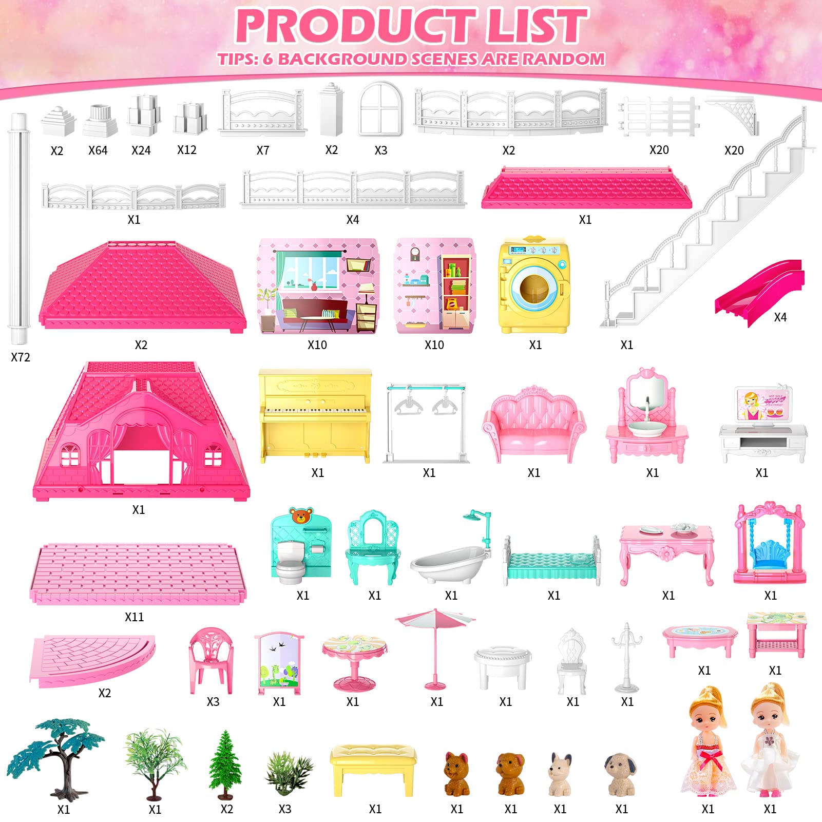 Doll House, Dream House Furniture Pink Girl Toys, 4 Stories 10 Rooms Dollhouse with 2 Princesses Slide Accessories, Toddler Playhouse Gift for for 3 4 5 6 7 8 9 10 Year Old Girls Toys