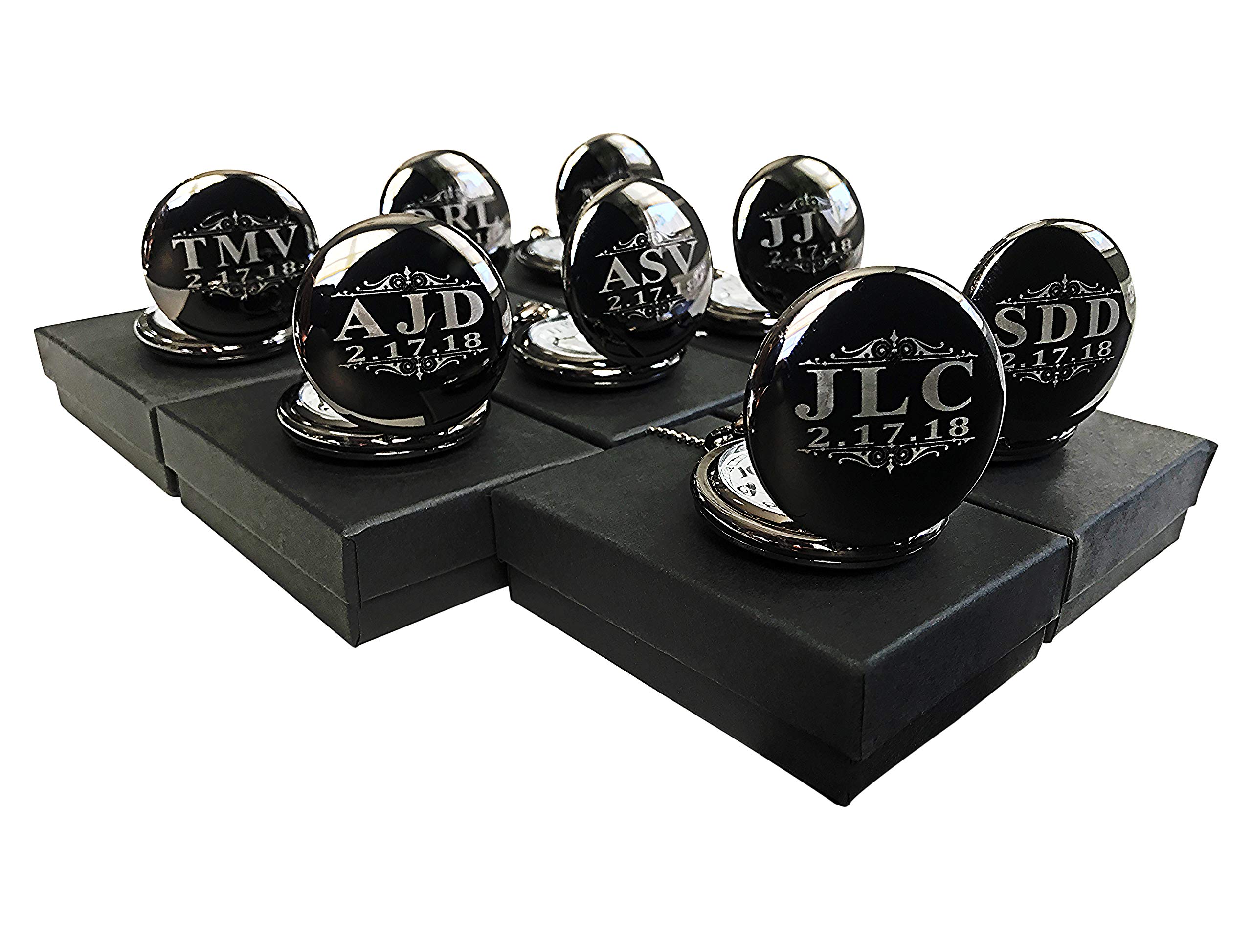 8 Personalized Pocket Watches, Set of 8 Groomsmen Wedding Unique Gifts, Chain, Box and Engraving Included, Comes in 4 Colors