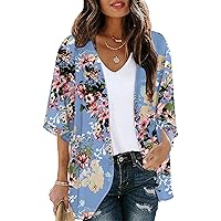 Women Floral Print Lightweight Chiffon Kimono Cardigan Short Sleeve Loose Beach Wear Cover Up Blouse Top