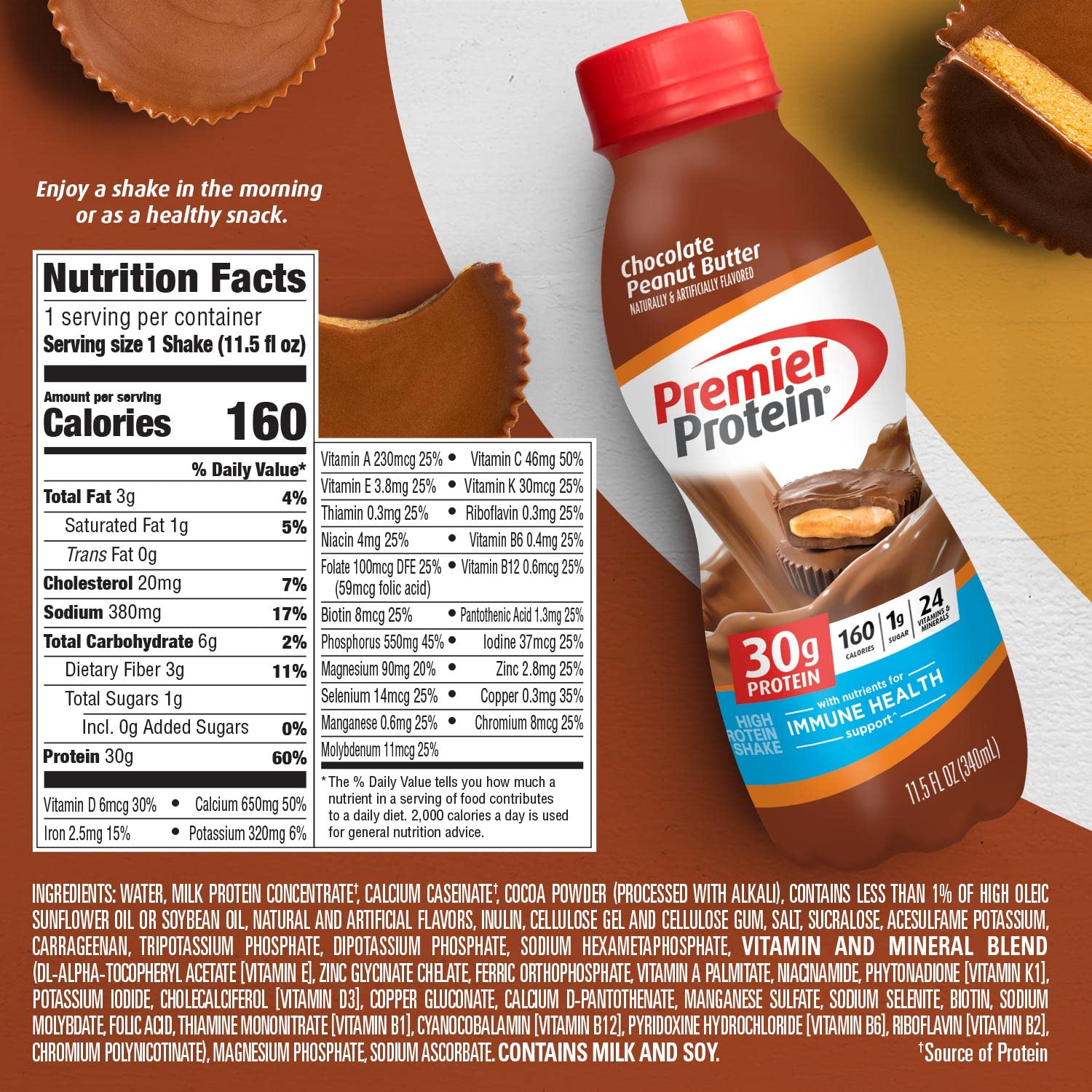 Premier Protein Shake, Chocolate Peanut Butter, 30g Protein, 1g Sugar, 24 Vitamins & Minerals, Nutrients to Support Immune Health, 11.5 Fl Oz, Pack of 12