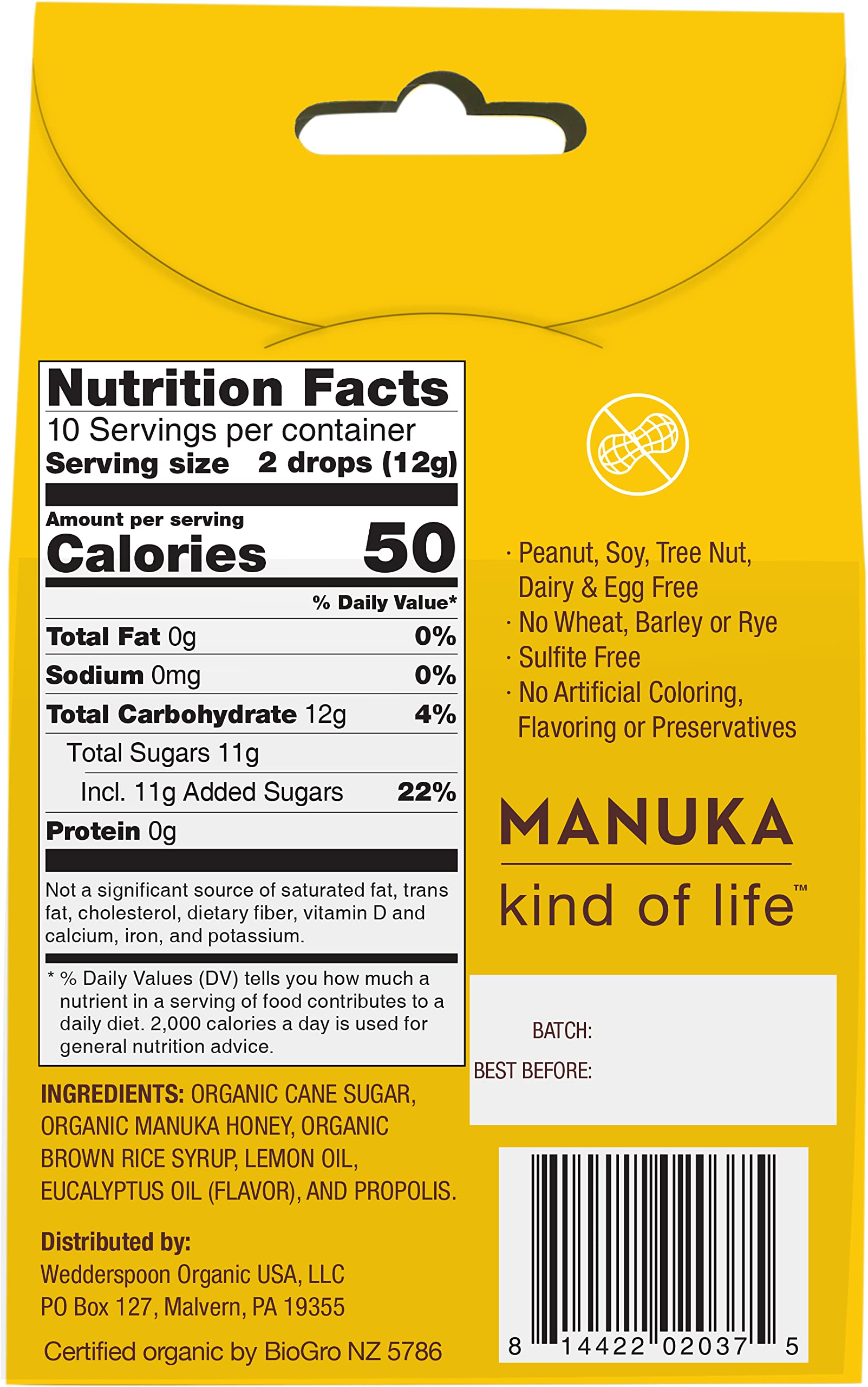 Wedderspoon Organic Manuka Honey Drops, Lemon & Bee Propolis, 20 Count (Pack of 1) | Genuine New Zealand Honey | Perfect Remedy For Dry Throats