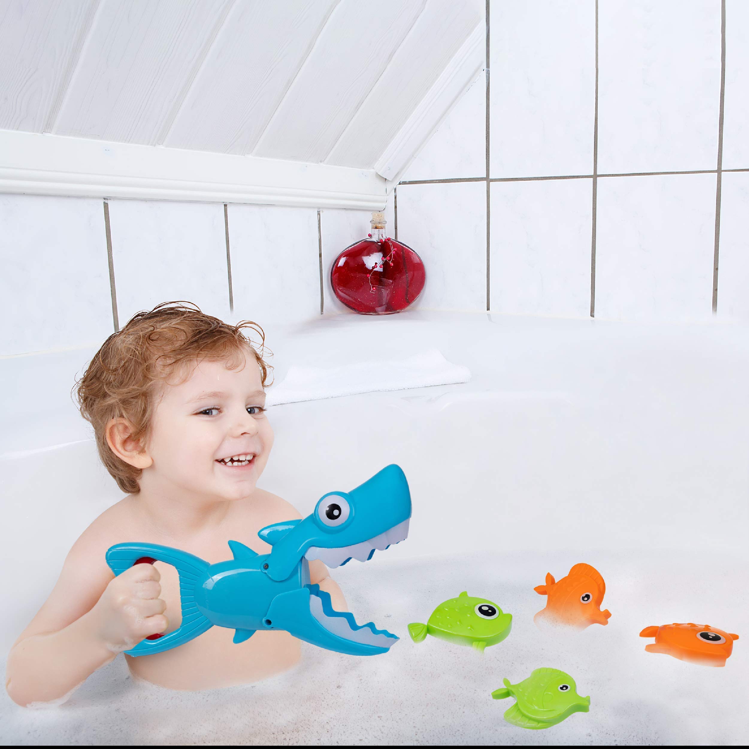 Hoovy Bath Toys Fun Baby Bathtub Toy Shark Bath Toy for Toddlers Boys & Girls Shark Grabber with 4 Toy Fish Included (Shark Grabber)