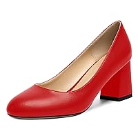 Womens Solid Dress Slip On Round Toe Matte Office Block Mid Heel Pumps Shoes 2.5 Inch