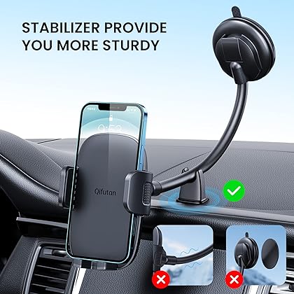 Qifutan Cell Phone Holder for Car Phone Mount Long Arm Dashboard Windshield Car Phone Holder Strong Suction Anti-Shake Stabilizer Phone Car Holder Compatible with All Phone Android Smartphone (Black)