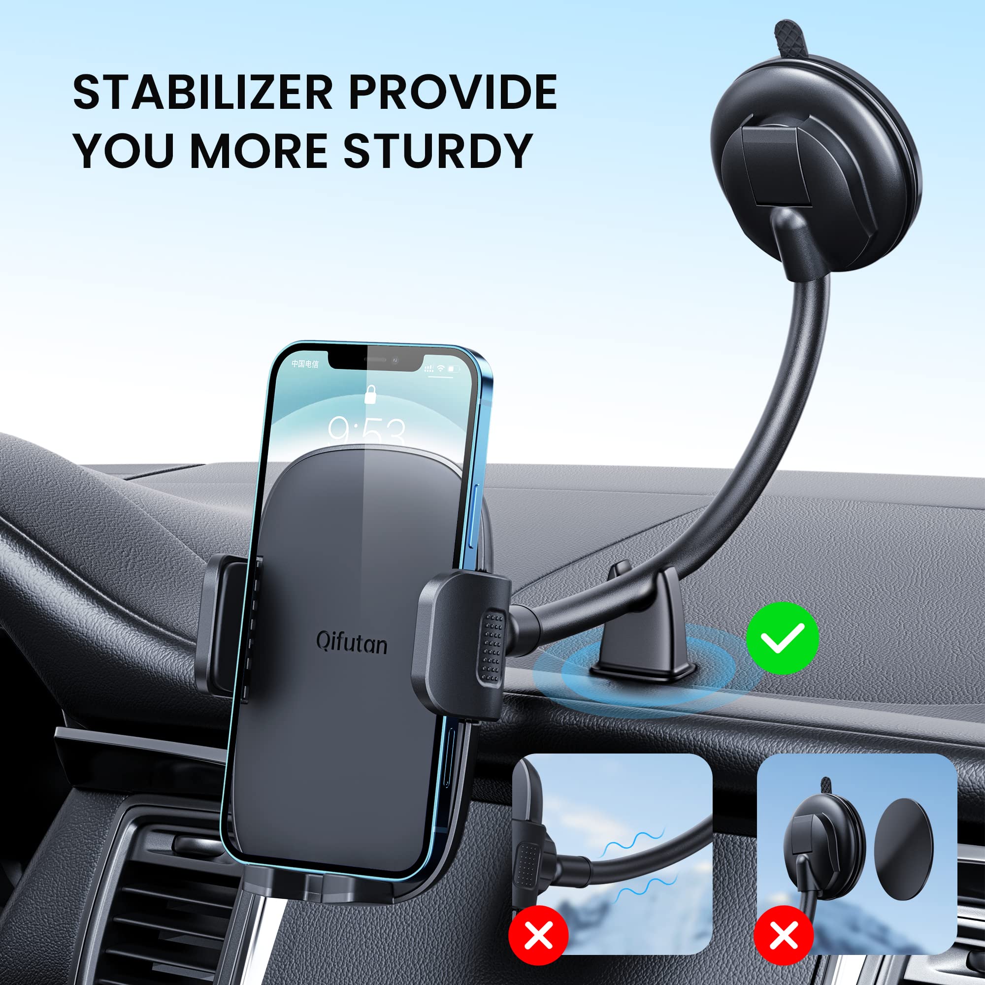 Qifutan Cell Phone Holder for Car Phone Mount Long Arm Dashboard Windshield Car Phone Holder Strong Suction Anti-Shake Stabilizer Phone Car Holder Compatible with All Phone Android Smartphone (Black)