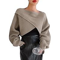 COZYEASE Women's Criss Cross Boat Neck Long Sleeve Crop Sweater Solid Casual Plain Sweater Coat