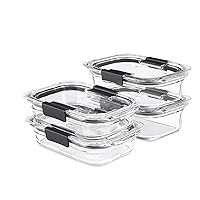 Rubbermaid Brilliance Glass Food Storage set of 4 containers, 8 total pieces (4 containers + 4 lids) for Lunch, Meal Prep, and Leftovers, Dishwasher and Oven Safe, Clear/Grey