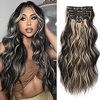 NAYOO Clip in Hair Extensions for Women 20 Inch Long Wavy Curly Black Mix Blonde Hair Extension Full Head Synthetic Hair Extension Hairpieces (6PCS, Black Mix Blonde)