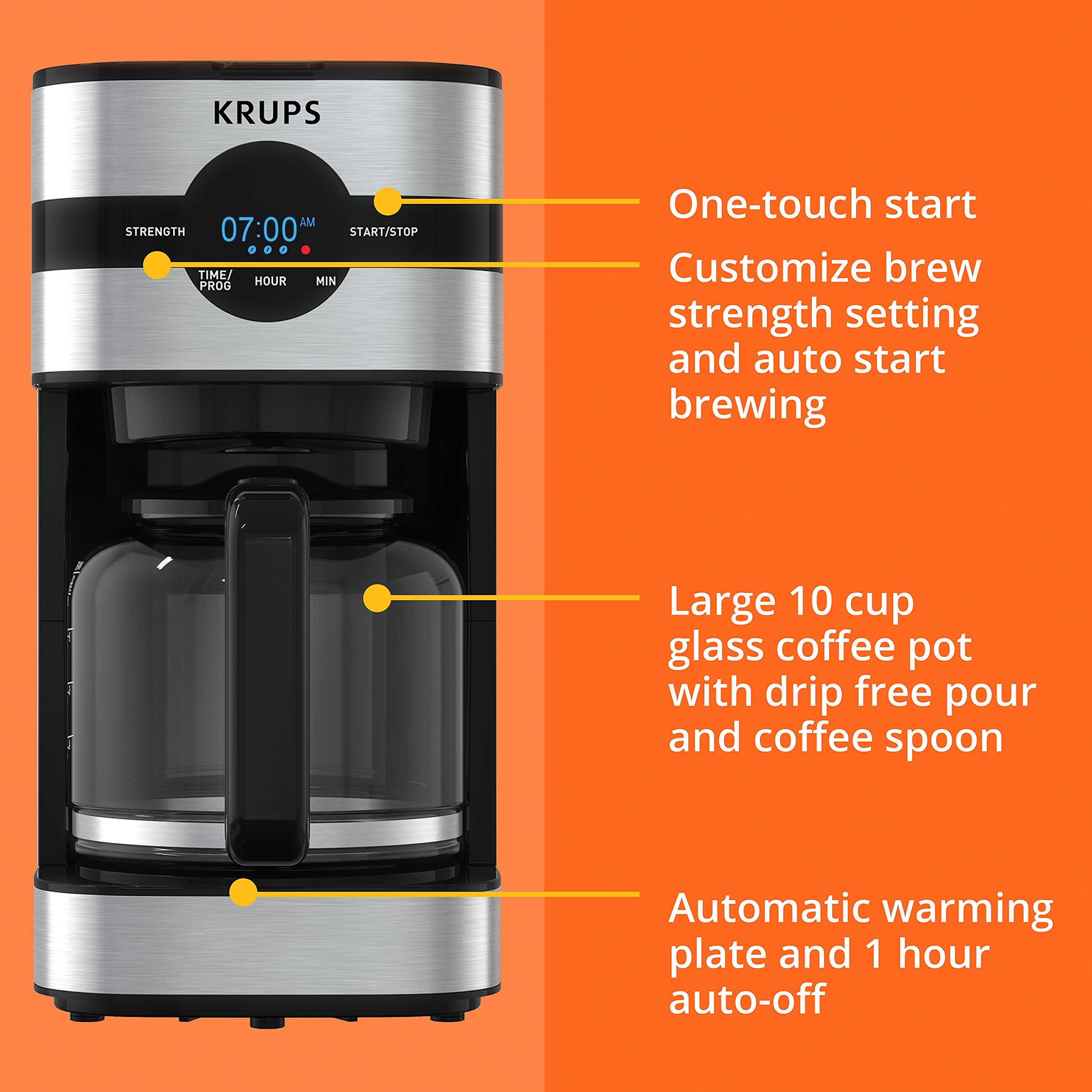 Krups Simply Brew Stainless Steel Drip Coffee Maker 10 Cup 900 Watts Digital Control, Coffee Filter, Drip Free, Dishwasher Safe Pot Silver and Black
