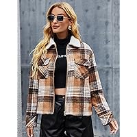VUBLY Women's Coats Women's Winter Coats Plaid Print Borg Collar Overcoat Warmth Special Autumn and Winter Fashion Novel (Color : Multicolor, Size : X-Small)
