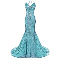 DYS Women's Sequins Mermaid Prom Dress Spaghetti Straps V Neck Backless Gowns Turquoise US 12