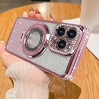 Losin Compatible with iPhone 15 Pro Max Glitter Magnetic Case with Invisible Stand [Compatible with MagSafe] Luxury Bling Rhinestone Full Camera Lens Protection Cover for Women and Girls, Pink