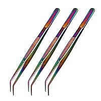 Pack of 3 Multi Color Titanium Rainbow Stainless Steel Tweezers, with Curved Serrated Tip Multipurpose Tweezers Sewing Machine Tweezers Forceps for Craft Repairing