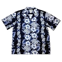 Men's Hibiscus Pacific Panel Hawaiian Shirt, Navy Blue, L