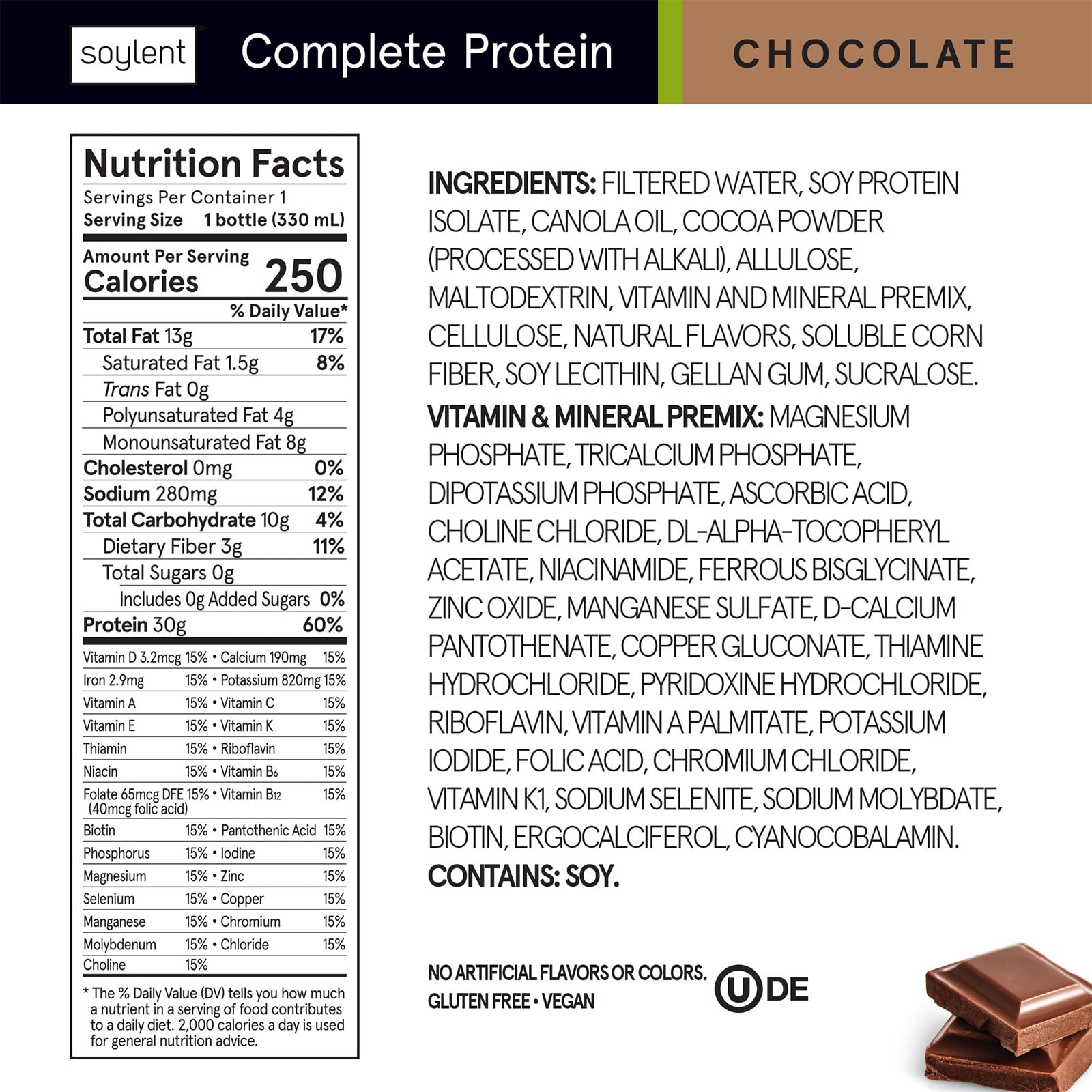 Soylent Chocolate Protein Shake, 30g Complete Protein, Vegan, Dairy Free and 0g Sugar, Ready to Drink Protein Drinks, 11 Oz (Pack of 12)