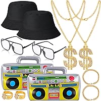 Hip Hop Costume Kit, 12 PCS 80s/ 90s Rapper Accessories, Sunglasses Bucket Hat Boom Box Rapper Chain Bracelet and Ring with Dollar Sign Pendant