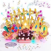 Vocavi 40TH Musical Pop-Up Birthday Card with Light & Blowable Candle, 3D Retro Greeting Card with Song 'HAPPY', Applause Cheers, 40th Birthday Decorations, Birthday Gifts for 40 Years Old Women Men