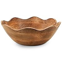 Mela Artisans Wooden Scalloped Bowl - Large | Ruffle Decorative Style | Rustic Kitchen Decor | Mango Wood | Natural Grain Finish | Fits Bread, Fruits, Salad or Popcorn | 12” x 4” x 11”