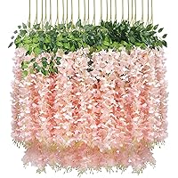 24 Pack(Total 43.2 Feet) Artificial Fake Wisteria Vine Rattan Hanging Garland Silk Flowers String Home Party Wedding Decor (24, Light Pink)