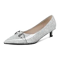 SAMMITOP Women Low Kitten Heel Pumps Slip On Closed Pointed Toe Beaded Metal Buckle Wedding Party Dress Shoes 1.6 Inch