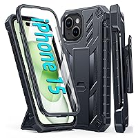 FNTCASE for iPhone 15 Phone Case: Military Grade Shockproof Full Protective Rugged Cell Phone Cover with Kickstand & Belt-Clip Holster, Heavy Duty Drop Proof Hard iPhone 15 Cases 5G - 6.1 Inch Black