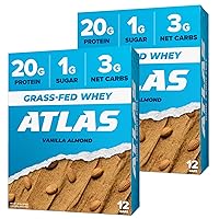 Atlas Protein Bar, 20g Protein, 1g Sugar, Clean Ingredients, Gluten Free (Vanilla Almond, 12 Count (Pack of 2))