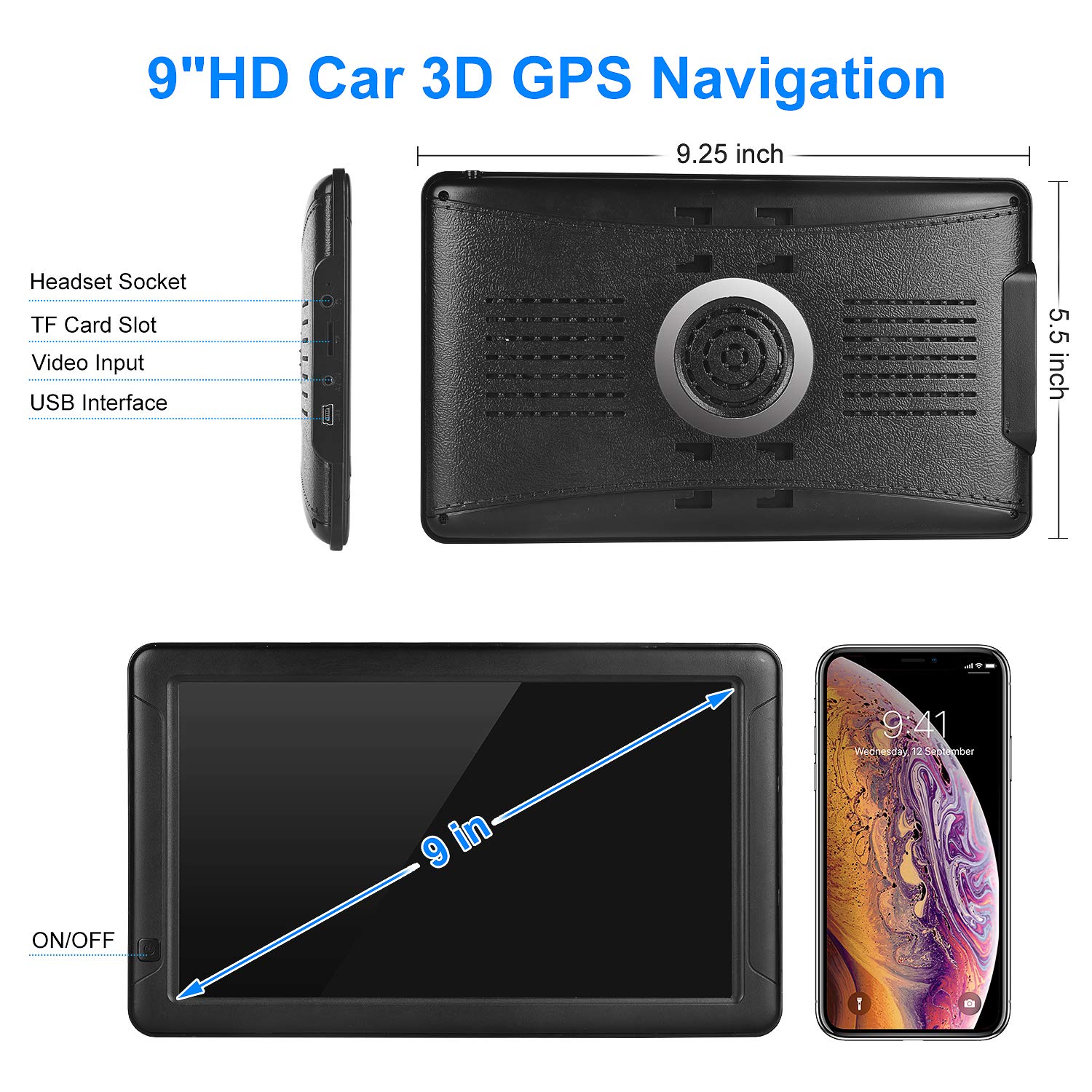 GPS Navigation for Car （9 Inch） Slimline Touch Screen Real Voice Direction ，USA Edition 2023 (Free Lifetime Updates) Turn-by-Turn Voice and Lane Guidance, Speed and Red Light Warning (American Brand)