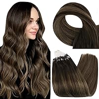 Fshine Micro Loop Ring Hair Extensions 18 Inch Real Brazilian Hair Balayage Remy Hair Extensions 50g Color 2 Dark Brown Fading to Middle Brown Highlight with Dark Brown Human Hair Extensions