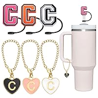 Compatible with Stanley Cup Accessories, 3PCS Letter Charms with 3PCS 10mm Stanley Straw Cover Cap for Stanley Cup 30&40 Oz, Silicone Stanley Straw Toppers for Stanley Tumbler(Letter C)