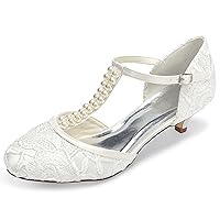01129 Women's Bridal Shoes Closed Toe T-Strap 1.8'' Low Heel Lace Satin Pumps Imitation Wedding Shoes