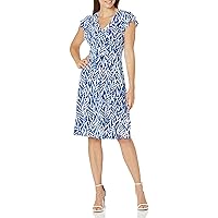 London Times Women's Leaf Print V-Neck Ruffle Sleeve Dress, Denim Blue/Soft White, 6