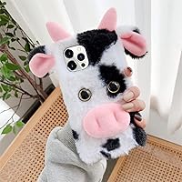 LUVI Compatible with iPhone 15 Pro Max Case 3D Cute Plush Furry Fuzzy for Women Fuzzy Fluffy Cartoon Cow Fur Hair Protection Fashion Shockproof Cover for Women Girls Black