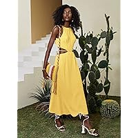 Women's Casual Ladies Comfort Dresses Cutout Tie Back Solid Dress Leisure Perfect Comfortable Eye-catching (Color : Yellow, Size : Large)