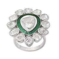 1.75 CTW Natural Diamond Polki Green Enamel Cockatil Ring 925 Sterling Silver Platinum Plated Slice Diamond Jewelry