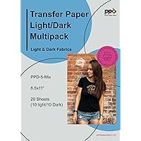 PPD Inkjet Heat Transfer Paper for T-Shirts 20 Sheet Pack Mixed Light & Dark Letter 8.5X11