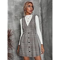 Dresses for Women 2022 Plaid Single Breasted Dress Without Sweater Dresses (Color : Multicolor, Size : Small)