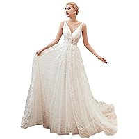 Women's V-Neck Lace Applique Backless Tulle Beach Wedding Dress